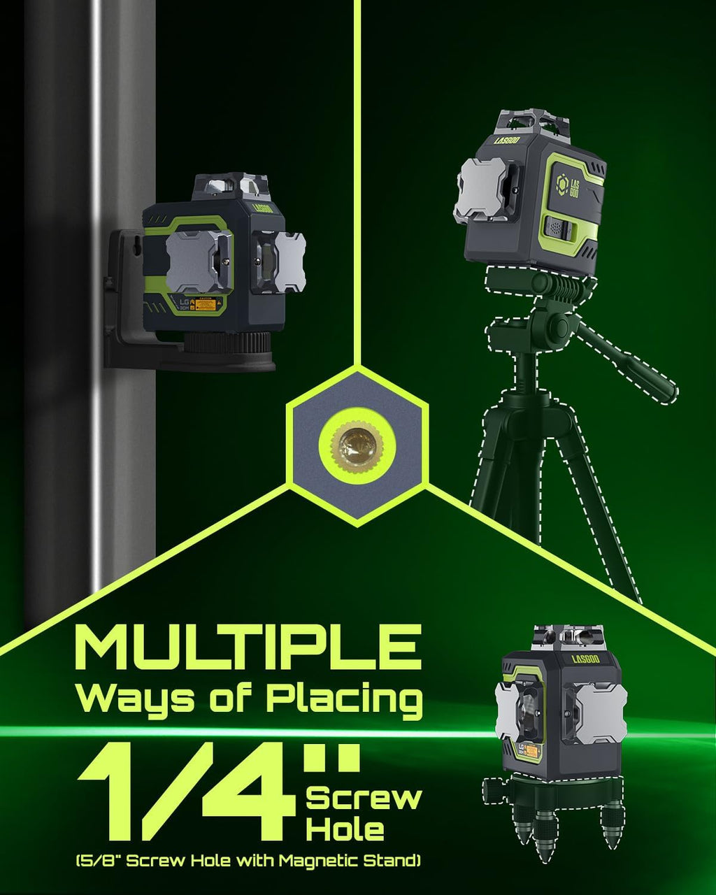 LasGoo LG-3DM 3x360° Green Laser Level – Self-Leveling with 5200mAh Battery & Magnetic Stand