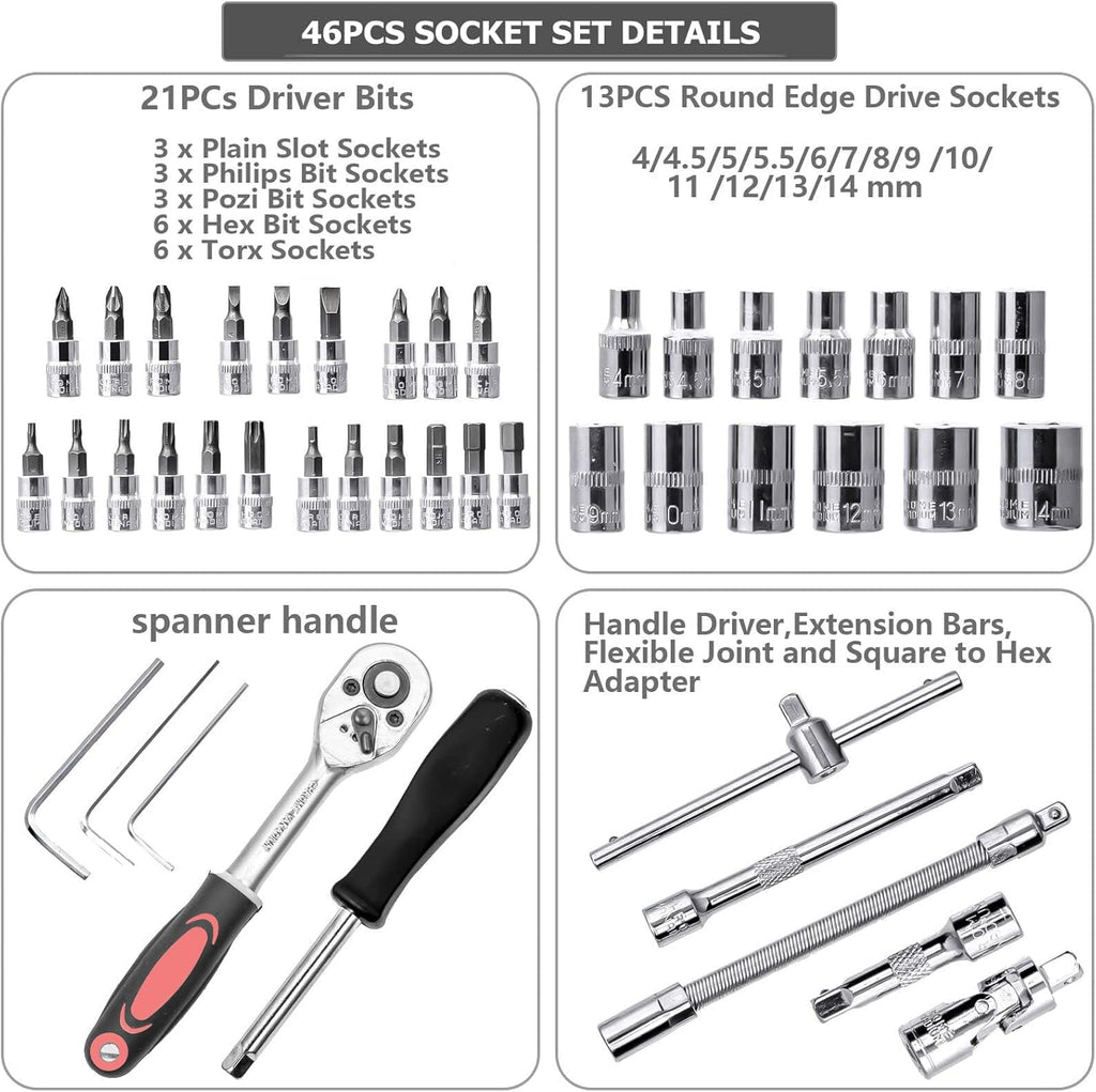 IKKAKOI 46-Piece 1/4" Drive Socket Set – Metric 4–14mm CR-V with Ratchet & Bits