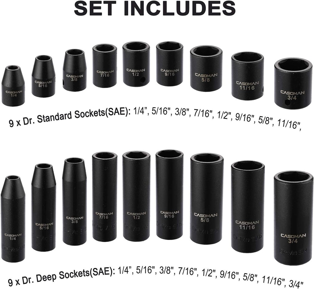CASOMAN 87-Piece 3/8" Drive Master Impact Socket Set – SAE & Metric CR-MO Steel