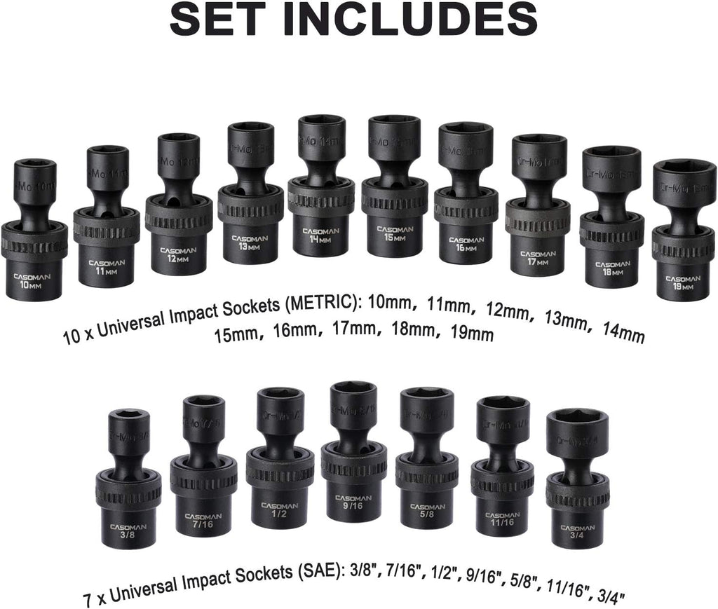 CASOMAN 87-Piece 3/8" Drive Master Impact Socket Set – SAE & Metric CR-MO Steel