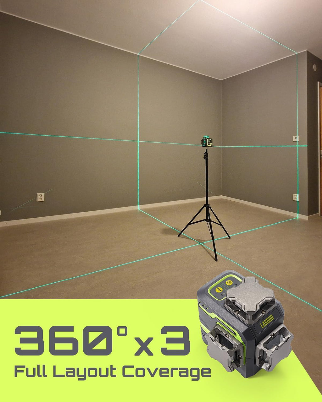 LasGoo LG-3DM 3x360° Green Laser Level – Self-Leveling with 5200mAh Battery & Magnetic Stand