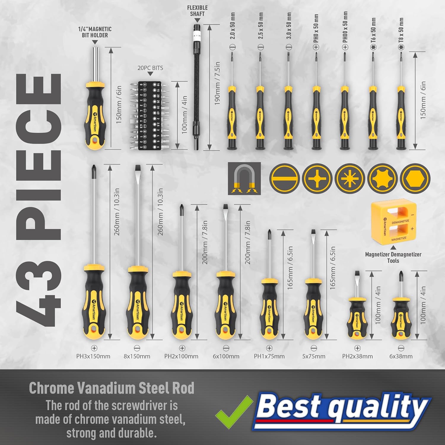 Amartisan 43-Piece Magnetic Screwdriver Set – CR-V Steel with Case, Bits & Magnetizer