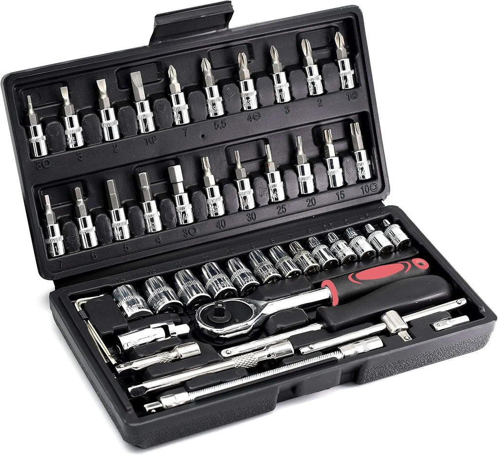 IKKAKOI 46-Piece 1/4" Drive Socket Set – Metric 4–14mm CR-V with Ratchet & Bits
