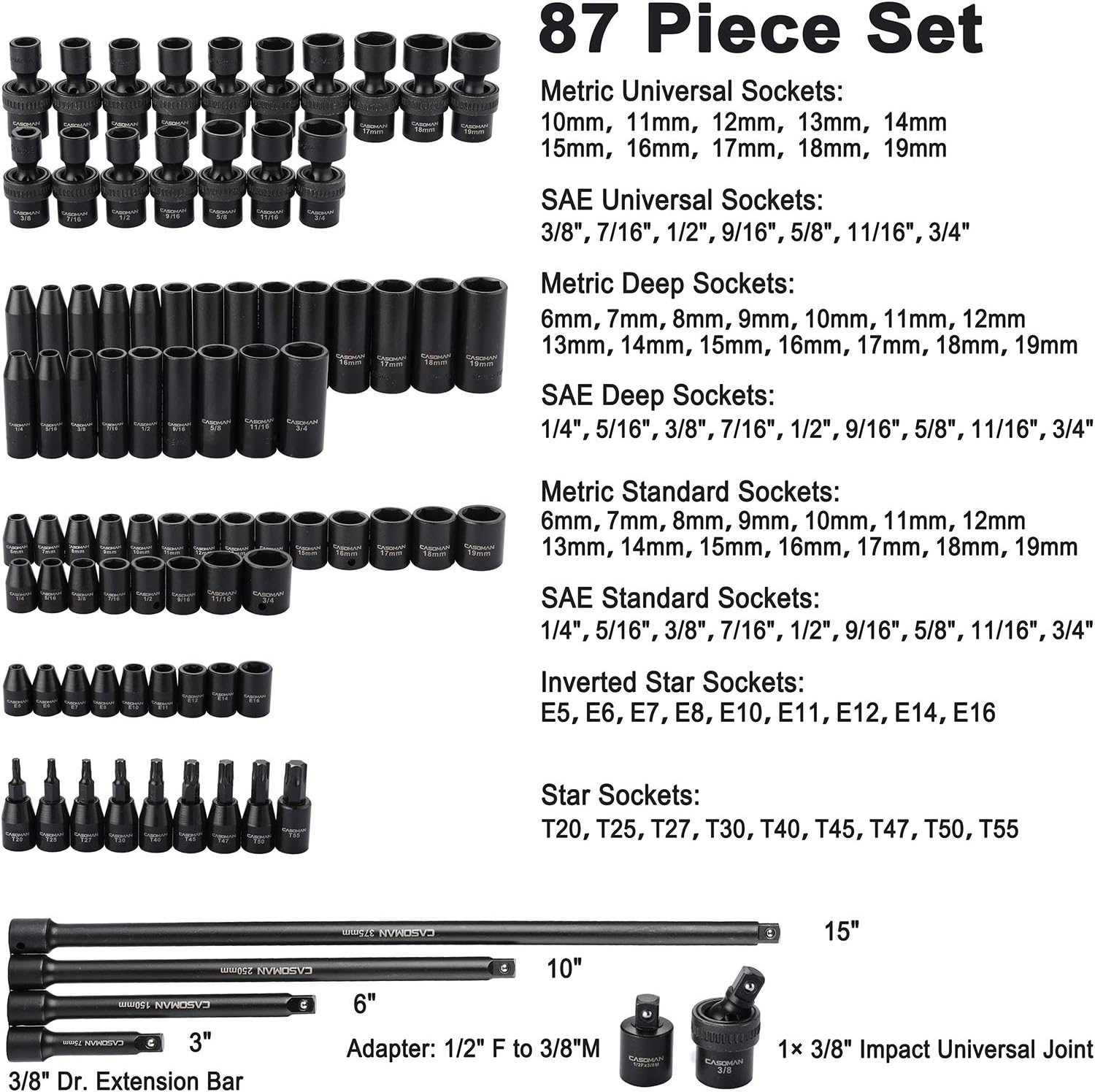CASOMAN 87-Piece 3/8" Drive Master Impact Socket Set – SAE & Metric CR-MO Steel