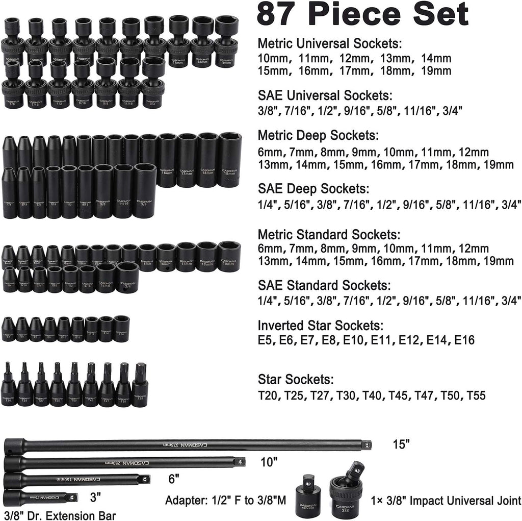 CASOMAN 87-Piece 3/8" Drive Master Impact Socket Set – SAE & Metric CR-MO Steel