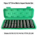 10pc 1/2" Drive Deep Impact Socket Set – CR-V Steel 8-24mm Metric with Storage Case
