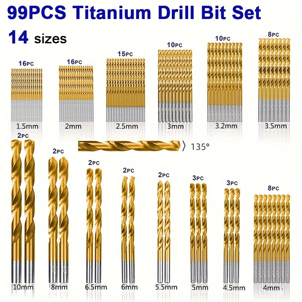 99pc Titanium Twist Drill Bit Set – Bearing Steel, 1.5–10mm (OPP Bag or Plastic Box)