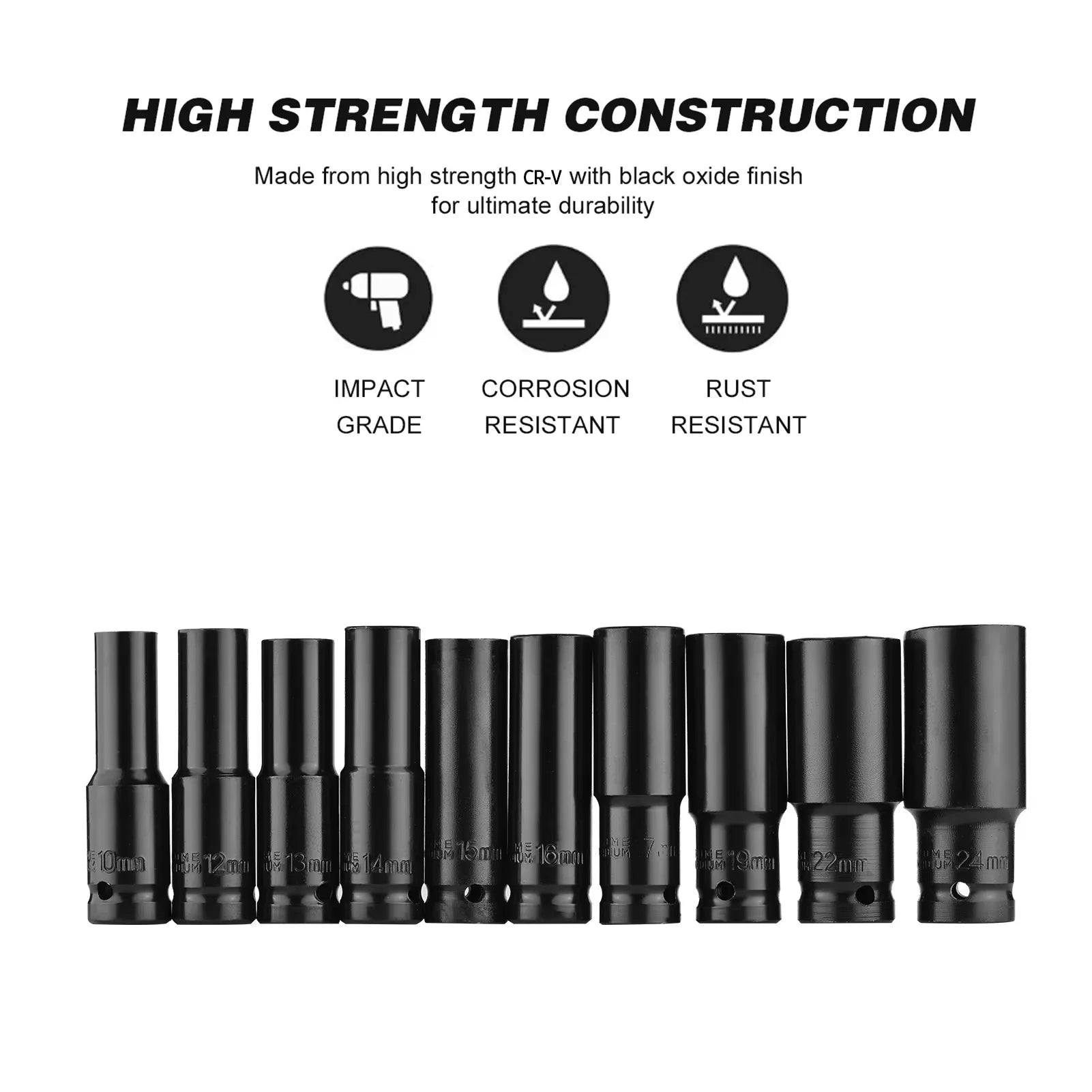 10pc 1/2" Drive Deep Impact Socket Set – CR-V Steel 8-24mm Metric with Storage Case