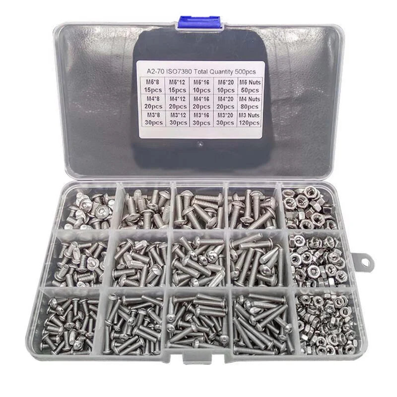304 Stainless Steel Hex Socket Screw & Nut Assortment Kit | M3 M4 M5 | 500pc