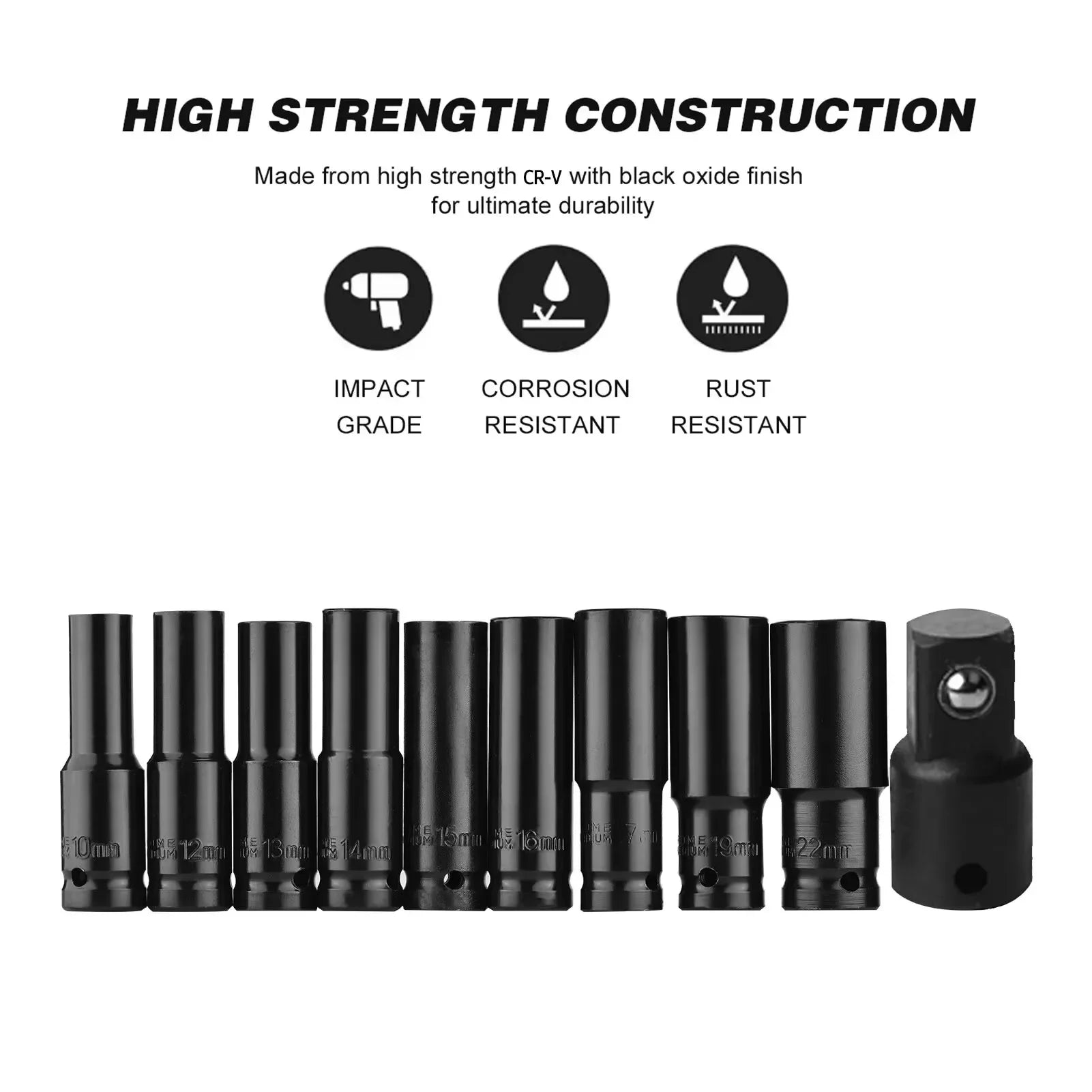 10pc 1/2" Drive Deep Impact Socket Set – CR-V Steel 8-24mm Metric with Storage Case