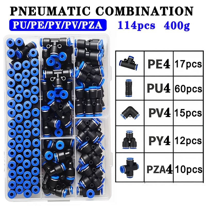 4mm Pneumatic Fittings Kit – 114-Piece Quick-Release Air Hose Connectors (1 or 5 Box)