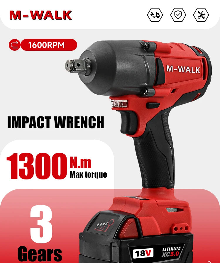 M-WALK 18V Brushless Cordless Impact Wrench – 1300Nm, 1/2" Drive, Milwaukee M18 Compatible (Tool Only)