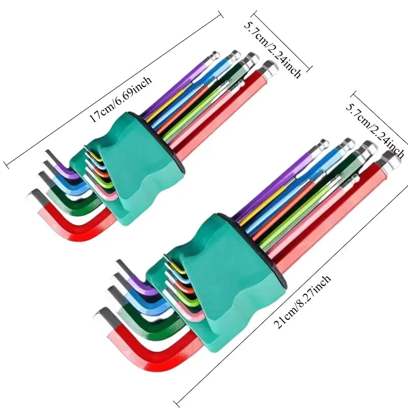 9pc Ball End Hex Key Allen Wrench Set | CR-V Steel | Colour Coded | Mid & Extended Length
