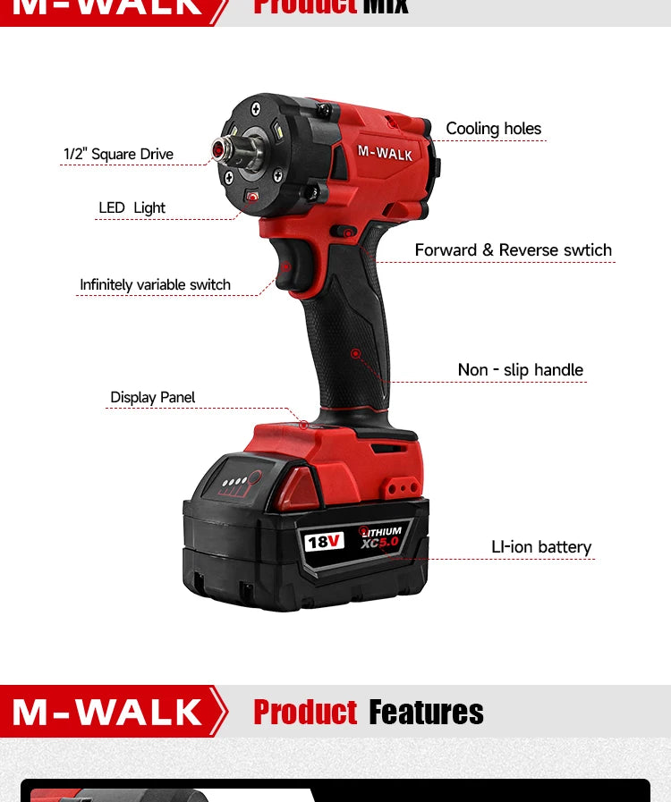 M-WALK 18V Brushless Cordless Impact Wrench – 300Nm, 1/2" Drive, 4-Speed, Milwaukee M18 Compatible (Tool Only)
