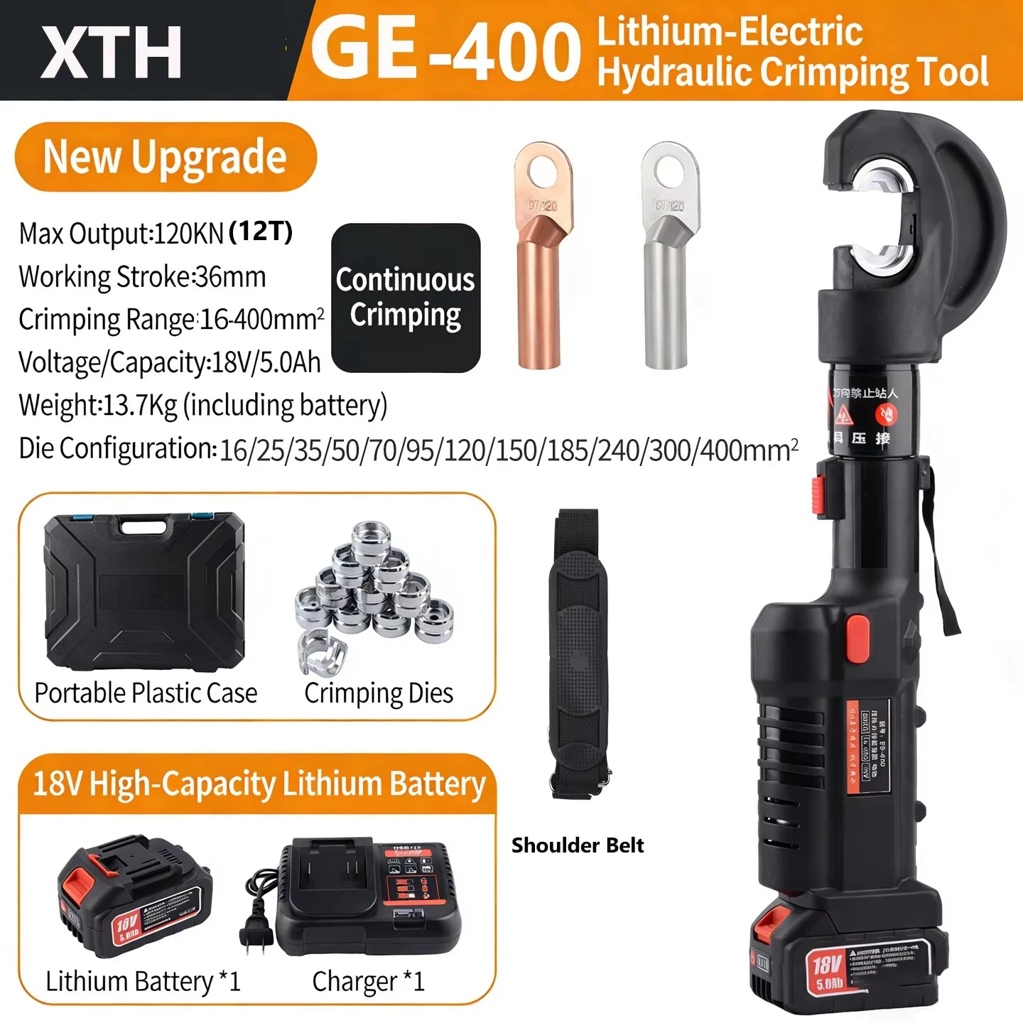 Electric Hydraulic Crimping Tool Kit | 12 Dies | 6T & 12T Models | 6AWG–800MCM