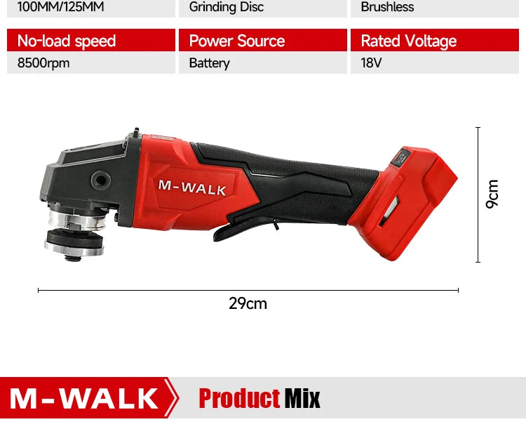M-WALK 18V Brushless Angle Grinder – 8500RPM, 100mm or 125mm, Milwaukee M18 Compatible (Tool Only)