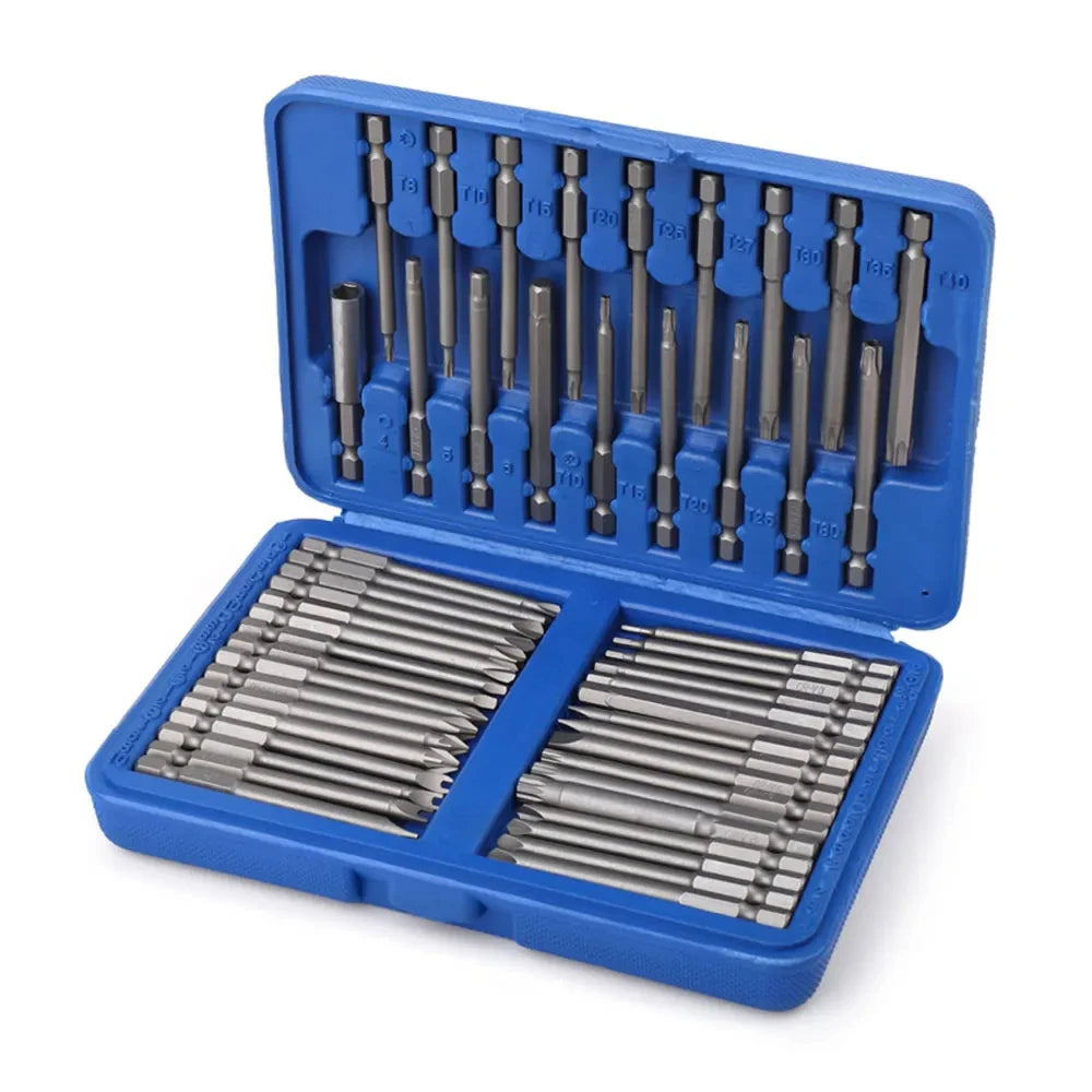 50pc 75mm Extra Long Screwdriver Bit Set – CR-V Torx, Hex, Phillips, Security Bits with Magnetic Holder & Case