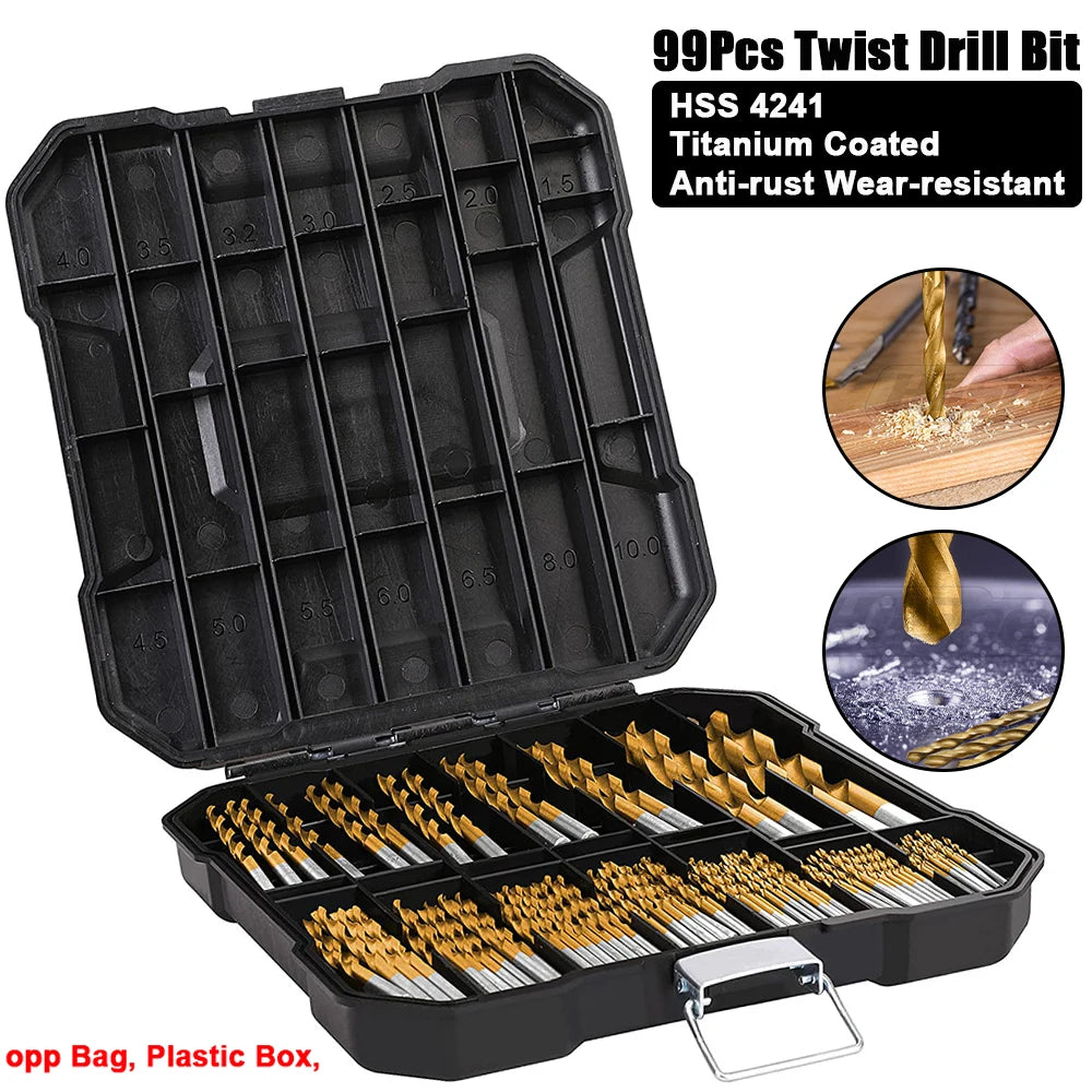 99pc Titanium Twist Drill Bit Set – Bearing Steel, 1.5–10mm (OPP Bag or Plastic Box)