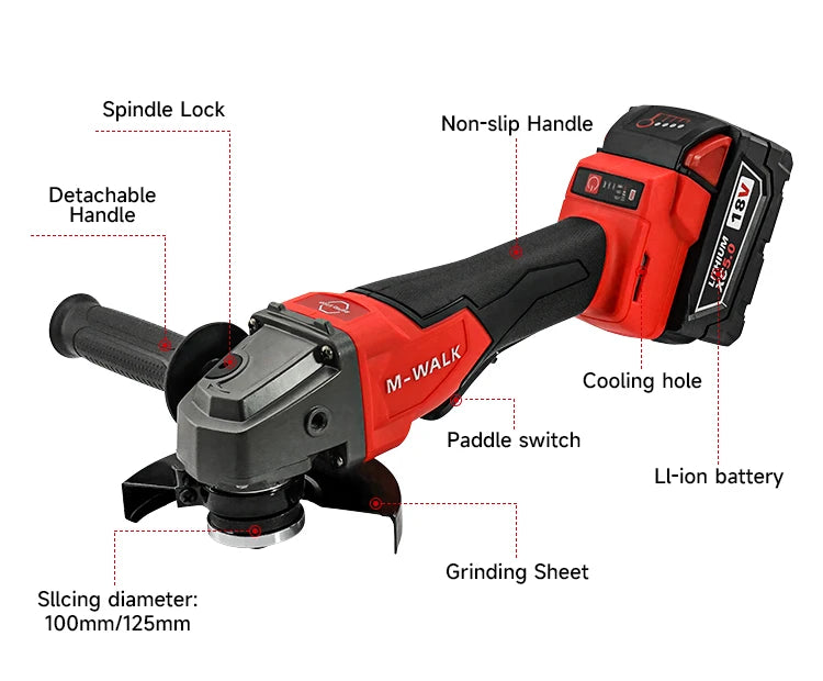 M-WALK 18V Brushless Angle Grinder – 8500RPM, 100mm or 125mm, Milwaukee M18 Compatible (Tool Only)