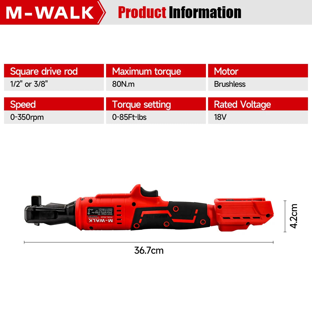 M-WALK 18V Cordless Brushless Ratchet Wrench – Right Angle, 80Nm, 1/2" & 3/8" Drive