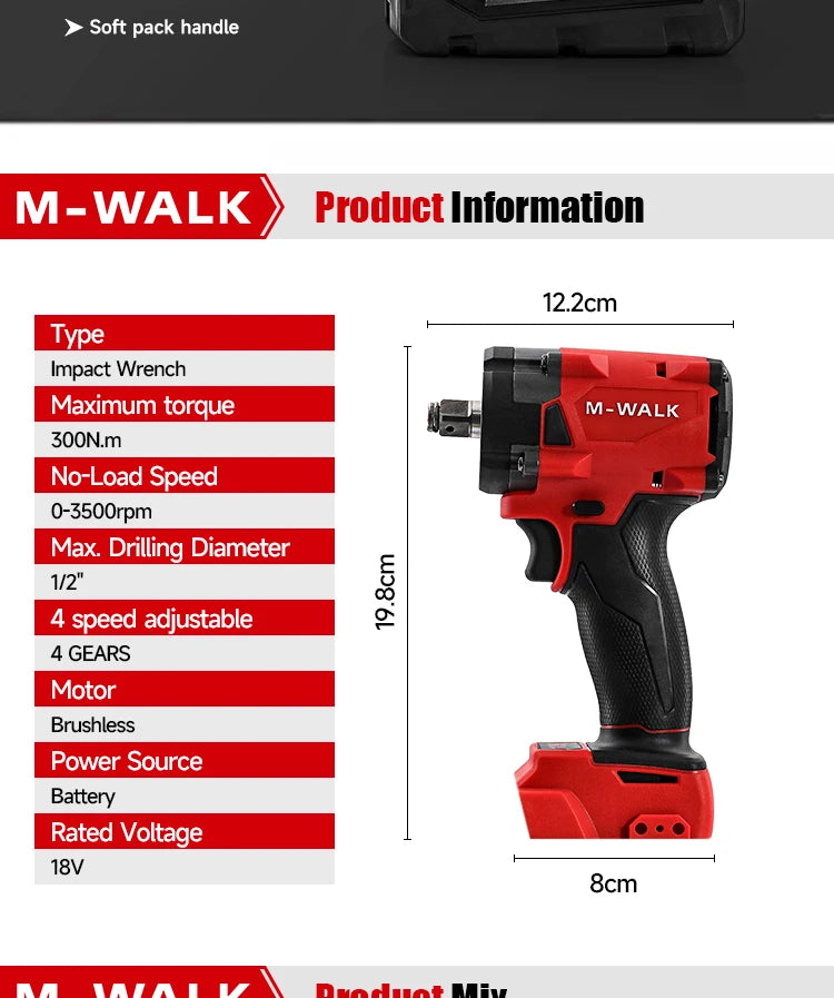 M-WALK 18V Brushless Cordless Impact Wrench – 300Nm, 1/2" Drive, 4-Speed, Milwaukee M18 Compatible (Tool Only)
