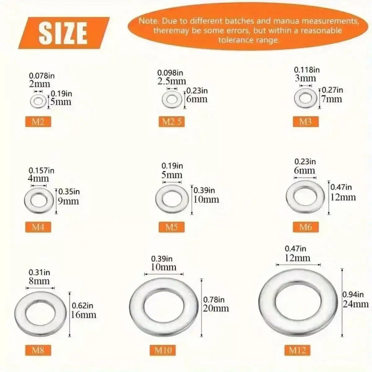 304 Stainless Steel Flat Washers Assortment Kit – 360pc or 580pc, Corrosion Resistant