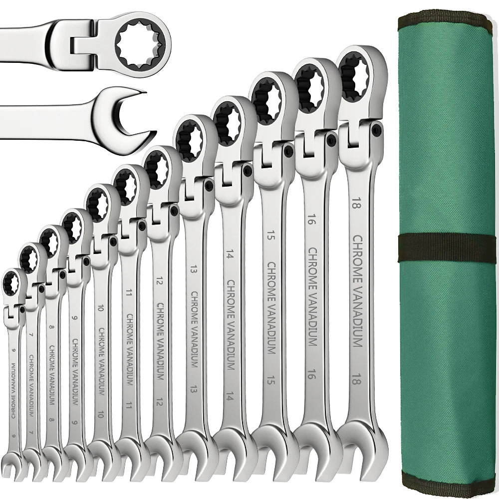 WOZOBUY Flex-Head Ratchet Wrench Set – 6-22mm Chrome Vanadium 72-Tooth with Canvas Bag
