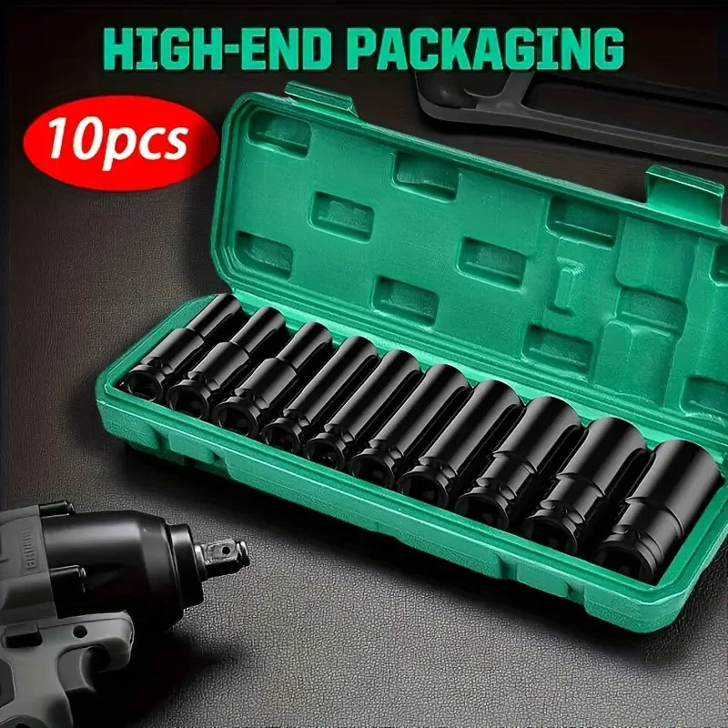 10pc 1/2" Drive Deep Impact Socket Set – CR-V Steel 8-24mm Metric with Storage Case
