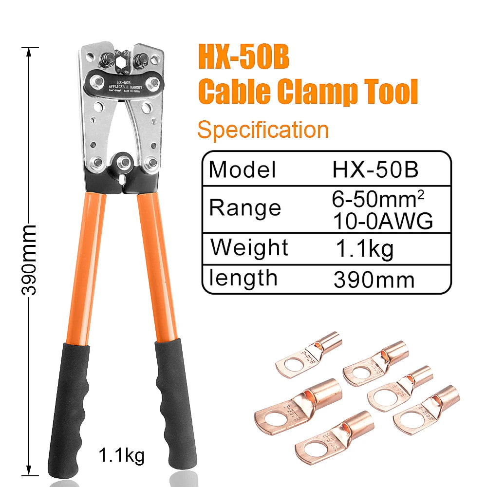 HX-50B Ratchet Crimping Pliers 6–50mm² (AWG 10–1/0) with Rotating Dies & Wire Cutter