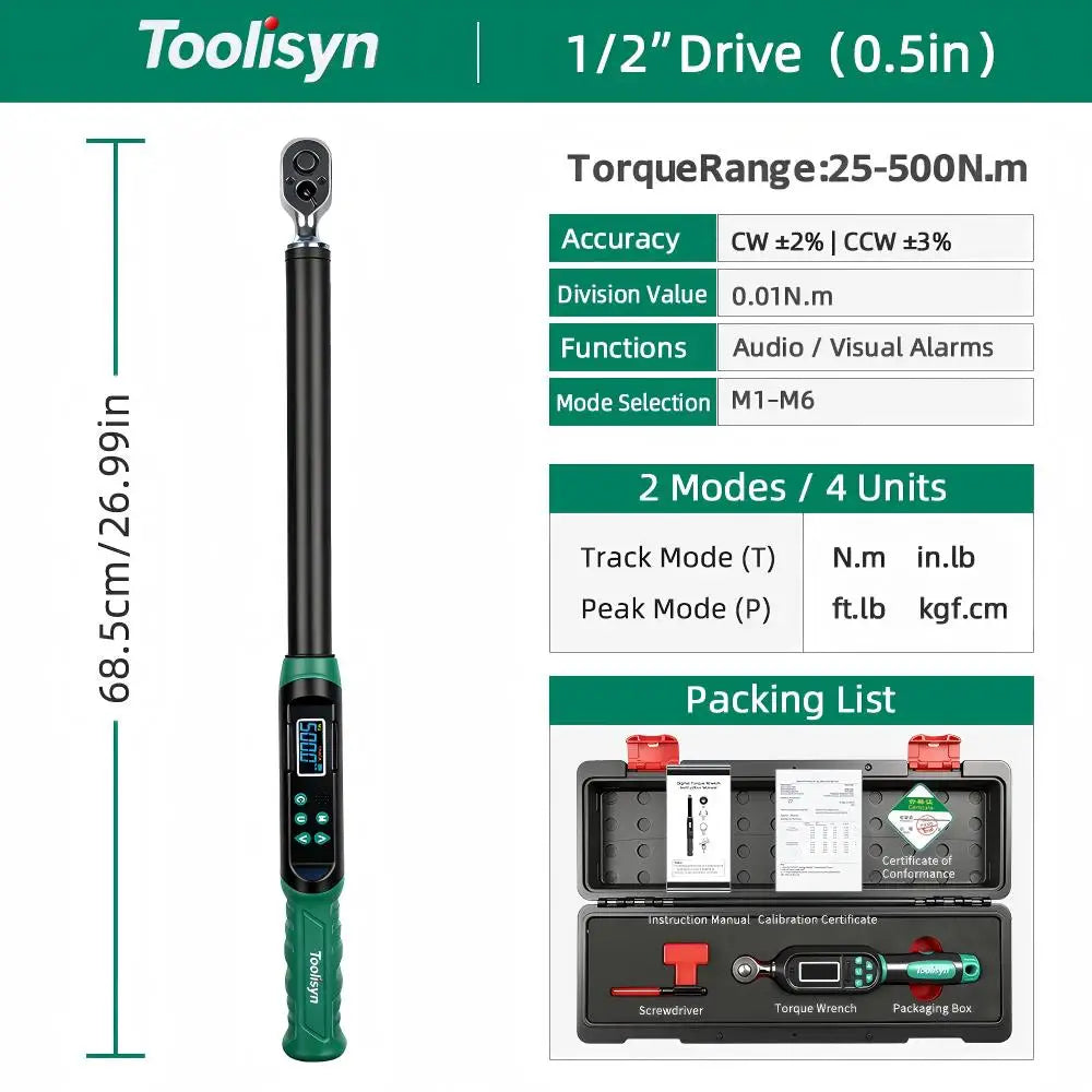 Toolisyn Digital Torque Wrench – 1/4", 3/8" & 1/2" Drive, ±2% Accuracy, 0.3–500N.m (DTW-1)