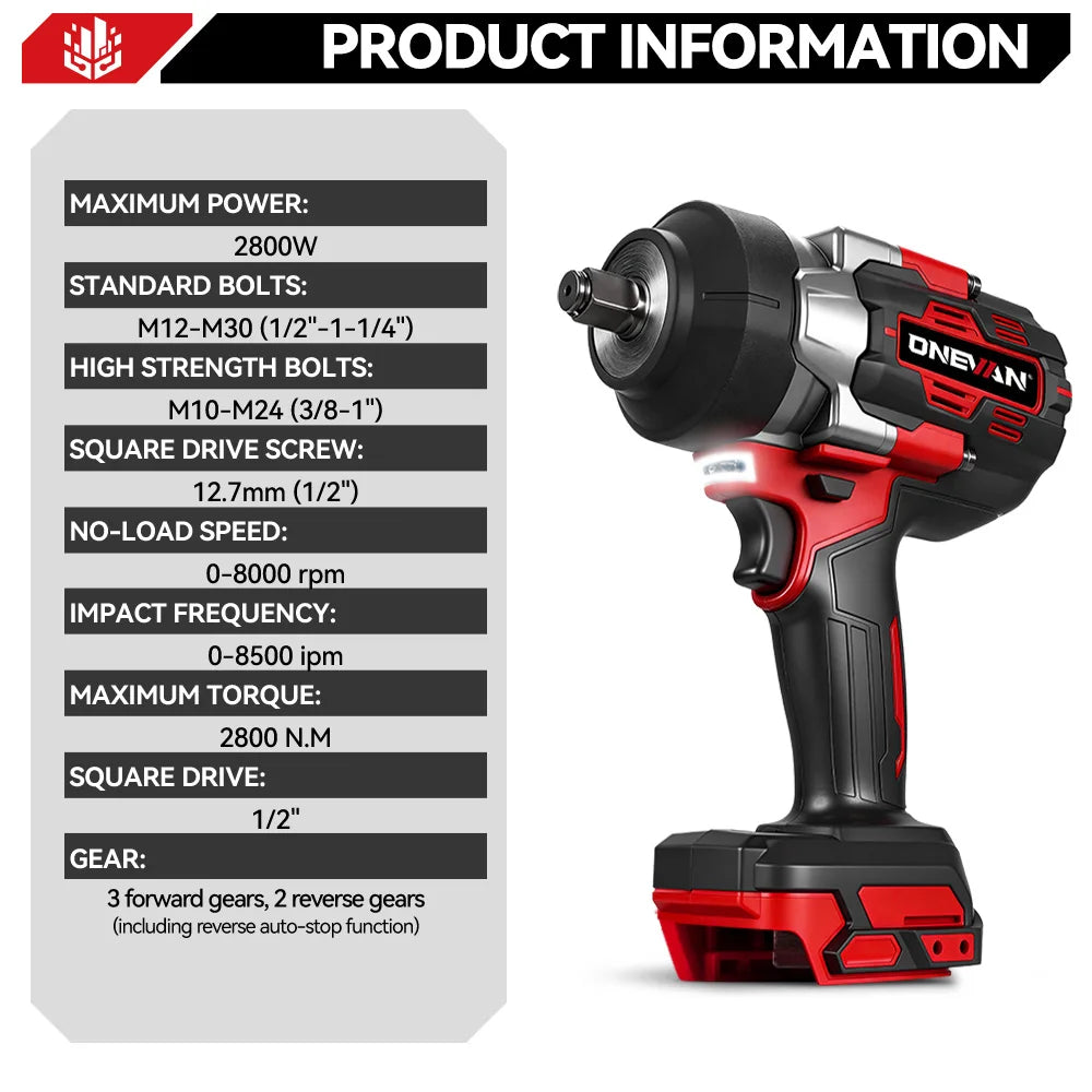 ONEVAN 2800Nm Brushless Impact Wrench | Tool Only | 18V/21V Compatible | 1/2" Drive | LED Light