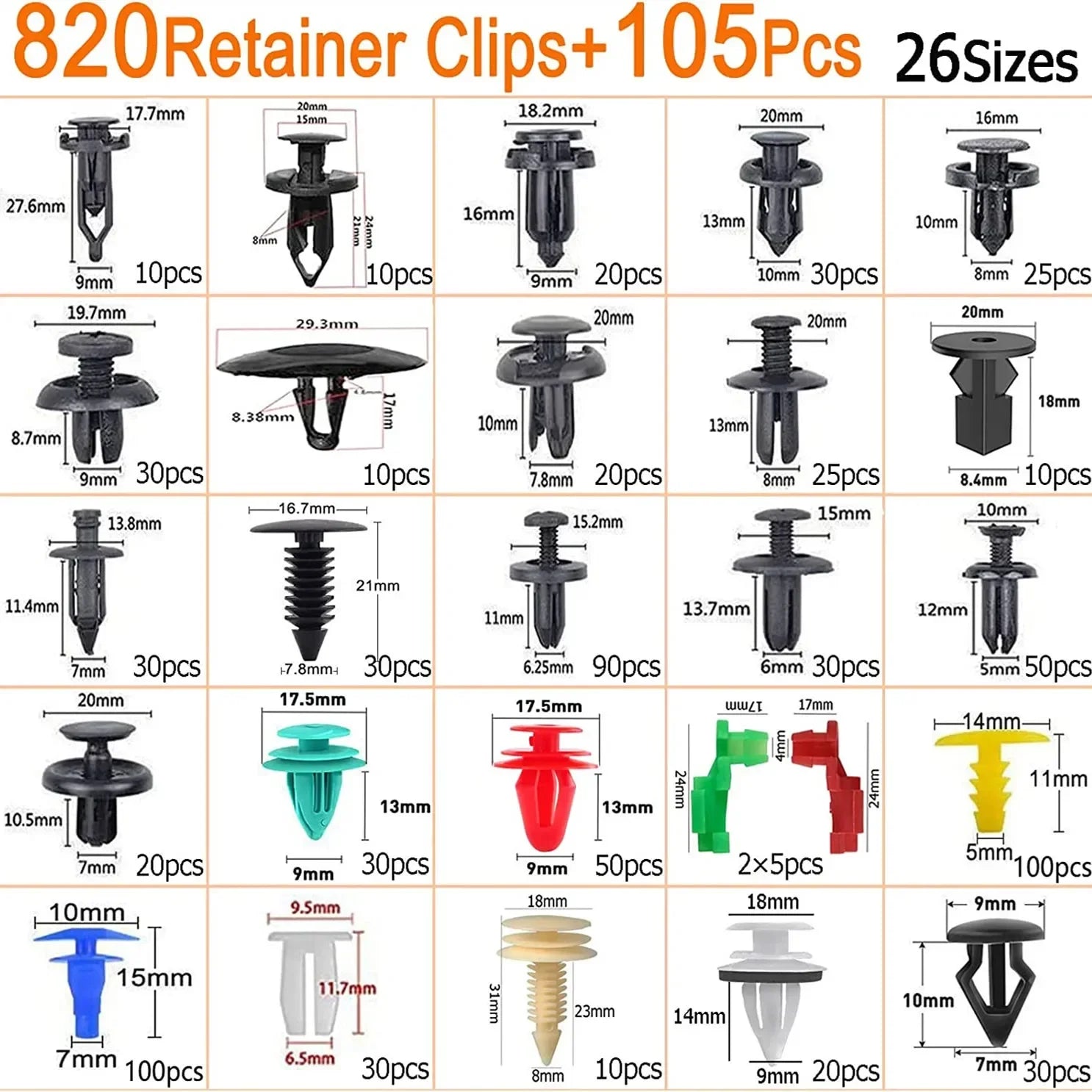 Car Fastener Clip Kit – Push Retainer Pins & Rivets (100 to 925 pcs)