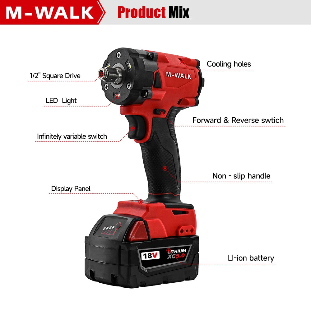 M-WALK 18V Brushless Cordless Impact Wrench – 300Nm, 1/2" Drive, 4-Speed, Milwaukee M18 Compatible (Tool Only)