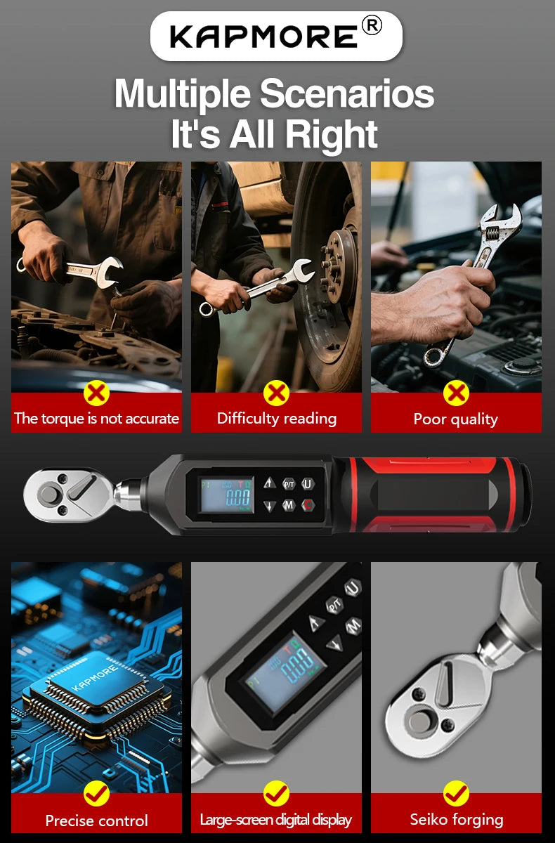 KAPMORE Digital Preset Torque Wrench – 3/8" & 1/4" Bidirectional Ratchet, 0.15–100N.m (KAP-01)