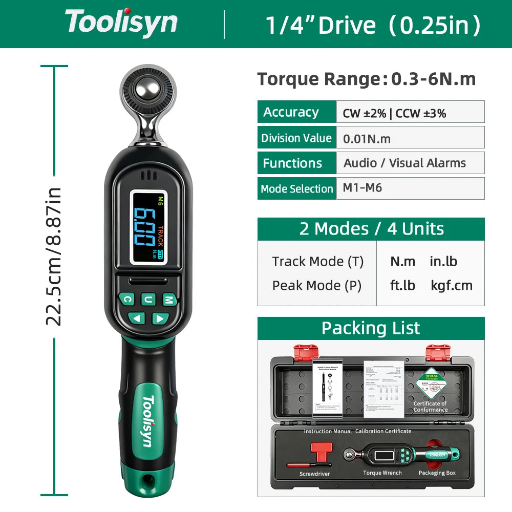Toolisyn Digital Torque Wrench – 1/4", 3/8" & 1/2" Drive, ±2% Accuracy, 0.3–500N.m (DTW-1)