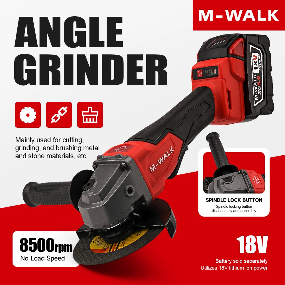M-WALK 18V Brushless Angle Grinder – 8500RPM, 100mm or 125mm, Milwaukee M18 Compatible (Tool Only)