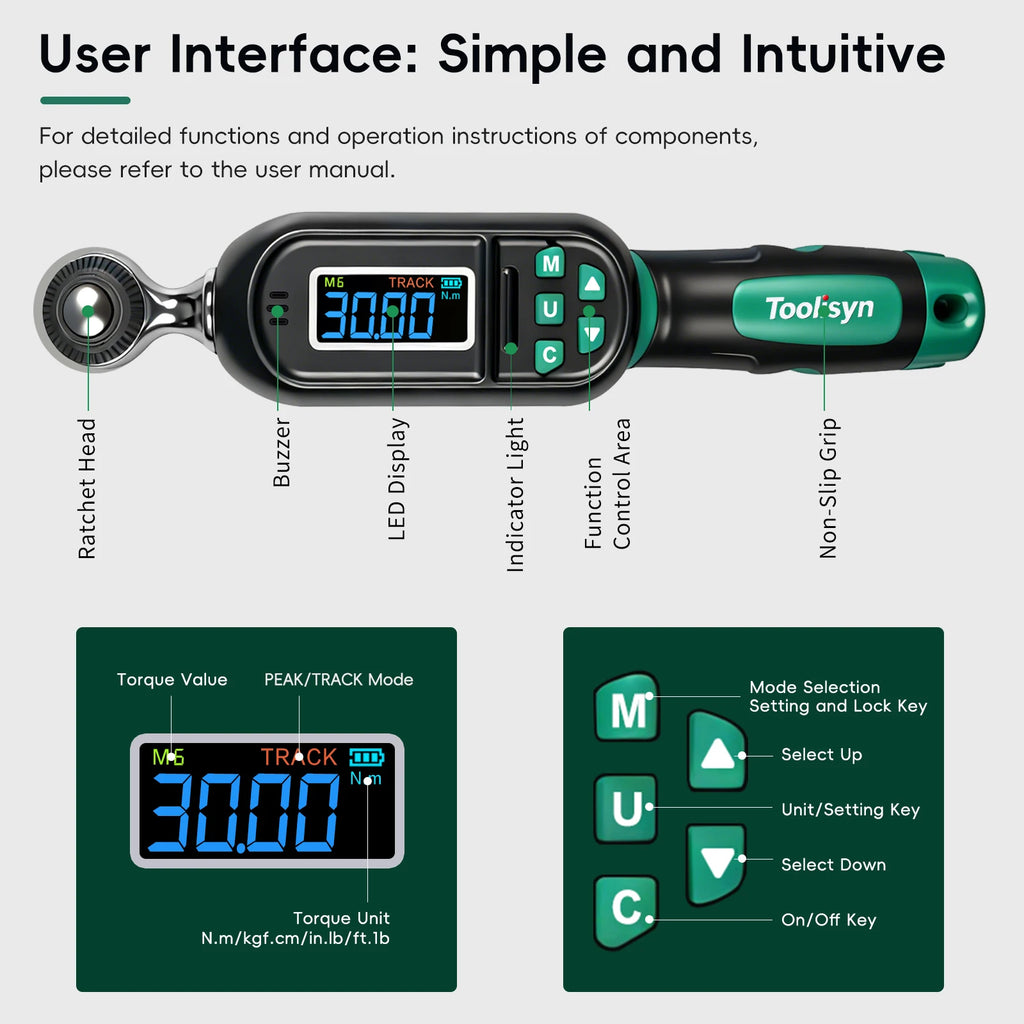 Toolisyn Digital Torque Wrench – 1/4", 3/8" & 1/2" Drive, ±2% Accuracy, 0.3–500N.m (DTW-1)