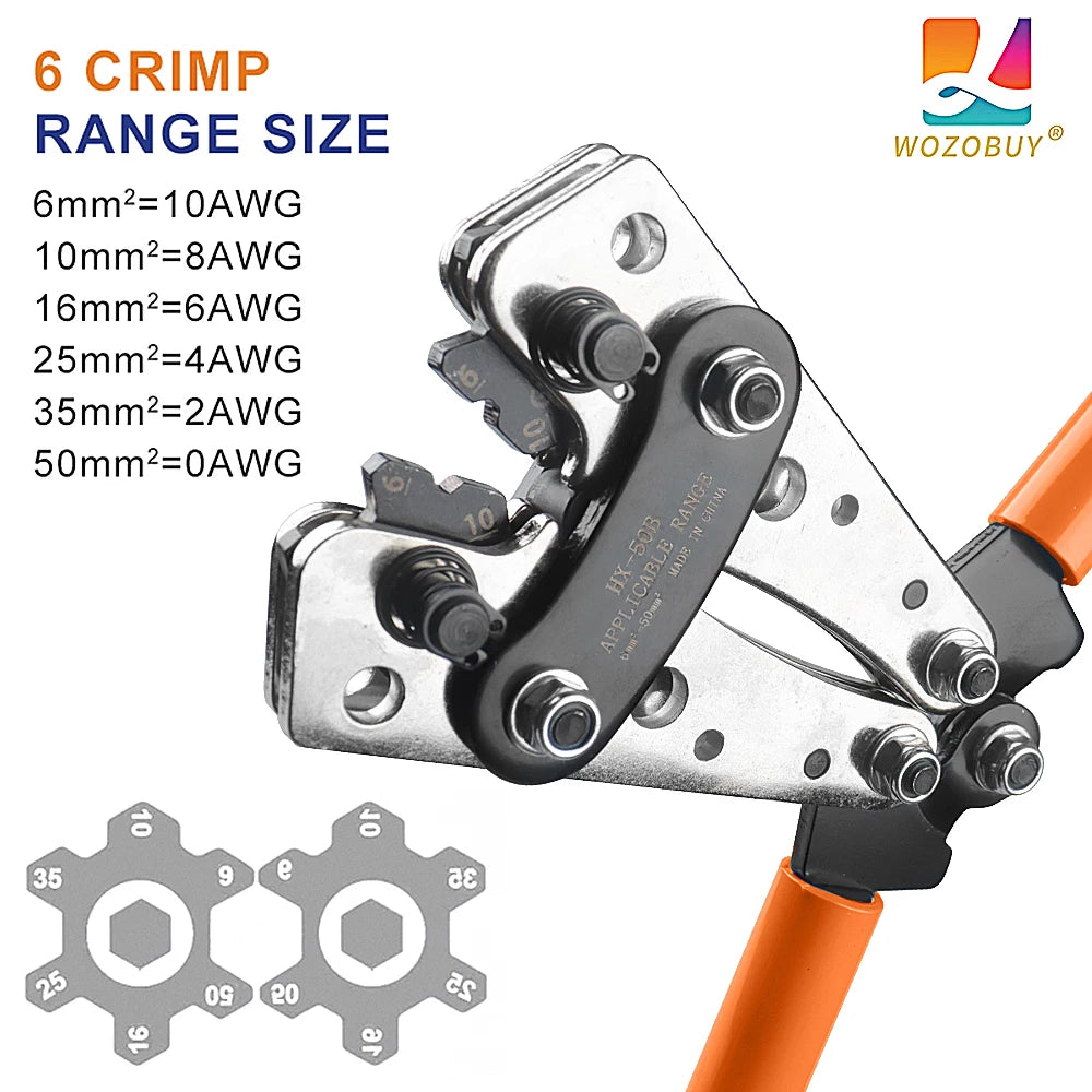 HX-50B Ratchet Crimping Pliers 6–50mm² (AWG 10–1/0) with Rotating Dies & Wire Cutter