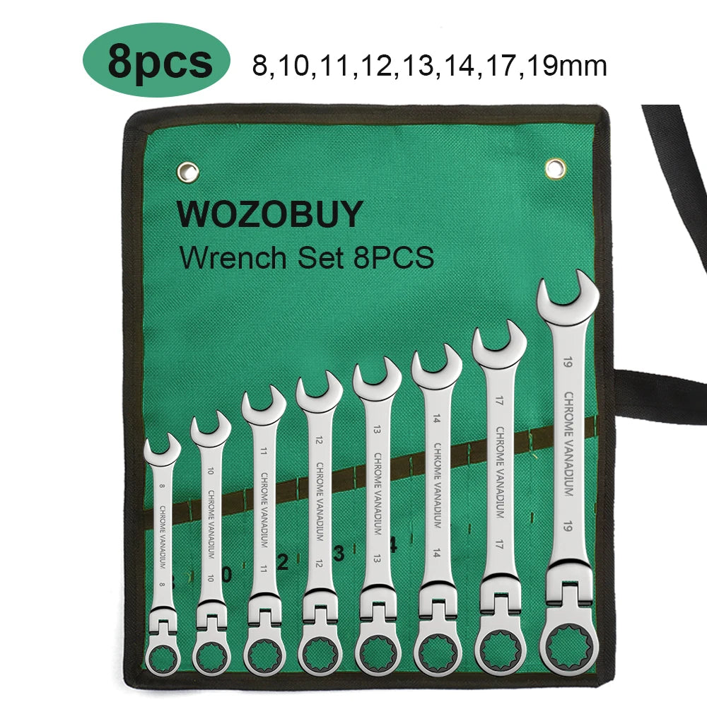 WOZOBUY Flex-Head Ratchet Wrench Set – 6-22mm Chrome Vanadium 72-Tooth with Canvas Bag