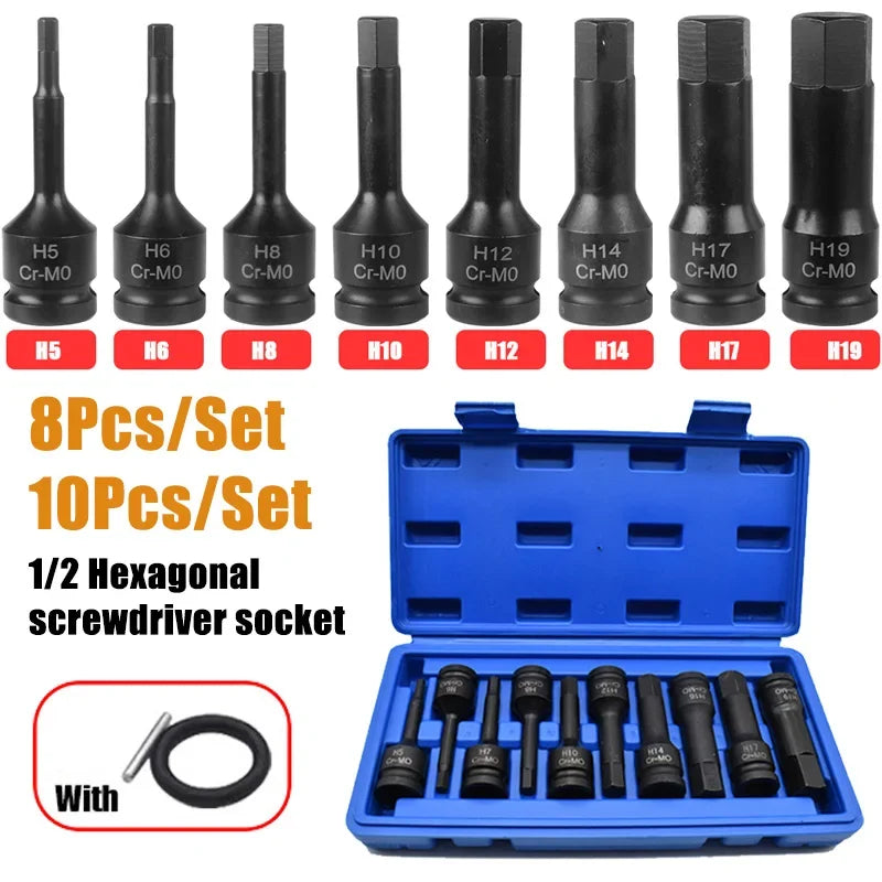 1/2" Drive Hex Impact Bit Socket Set | Cr-Mo Steel | 8pc (H5-H19) or 10pc (H5-H19) | Pneumatic & Battery Tools