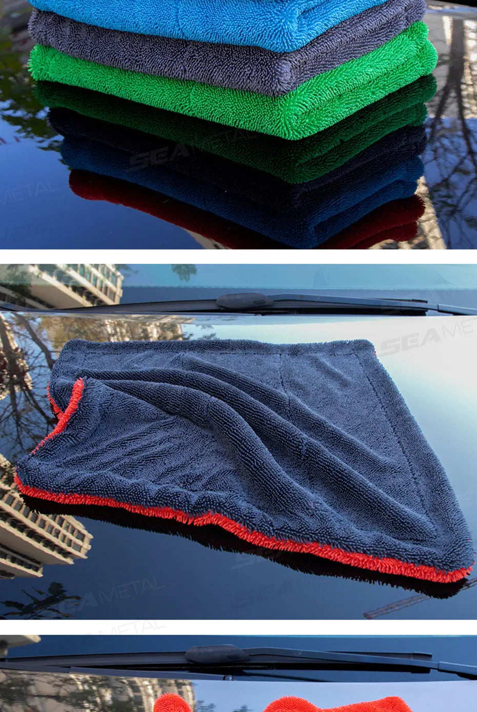 SEAMETAL 1200GSM Microfiber Car Detailing Towel | Ultra-Soft Scratch-Free | 3 Sizes | Gray, Red & Blue