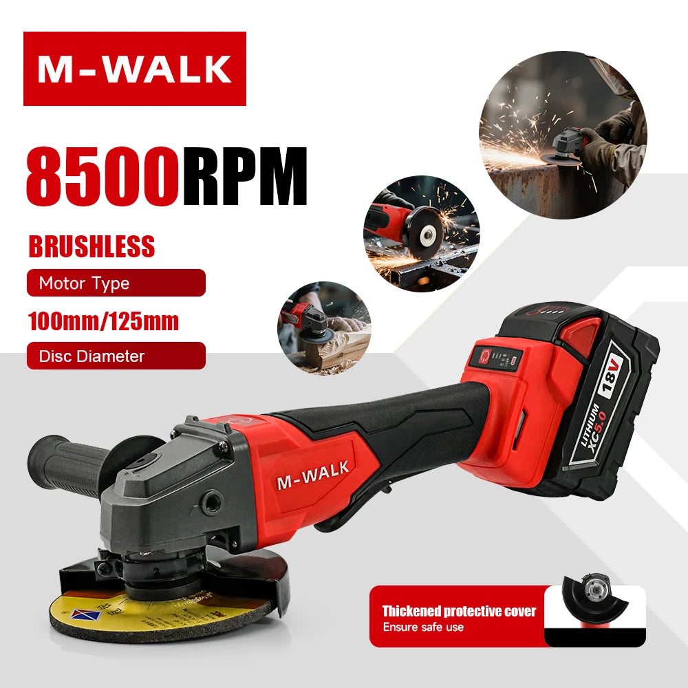 M-WALK 18V Brushless Angle Grinder – 8500RPM, 100mm or 125mm, Milwaukee M18 Compatible (Tool Only)