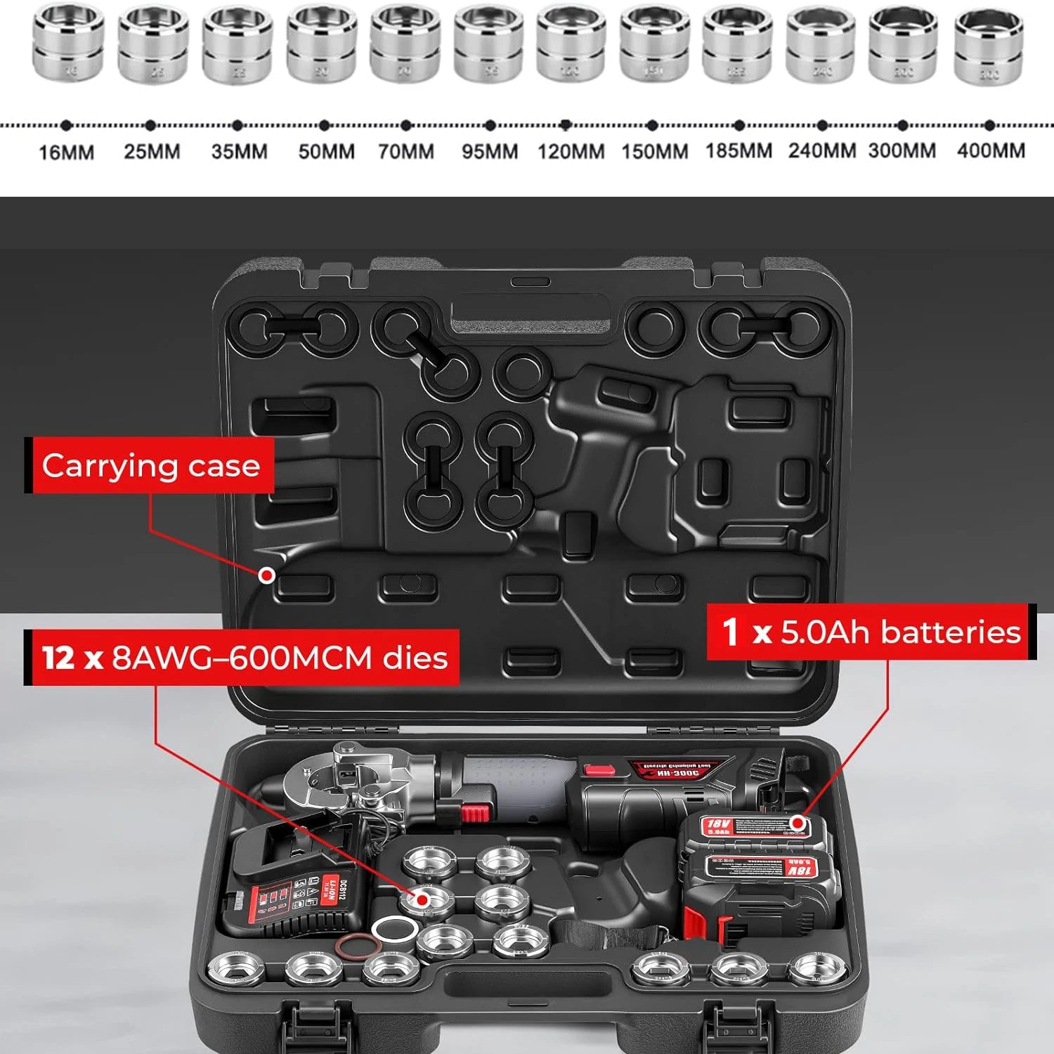 Electric Hydraulic Crimping Tool Kit | 12 Dies | 6T & 12T Models | 6AWG–800MCM