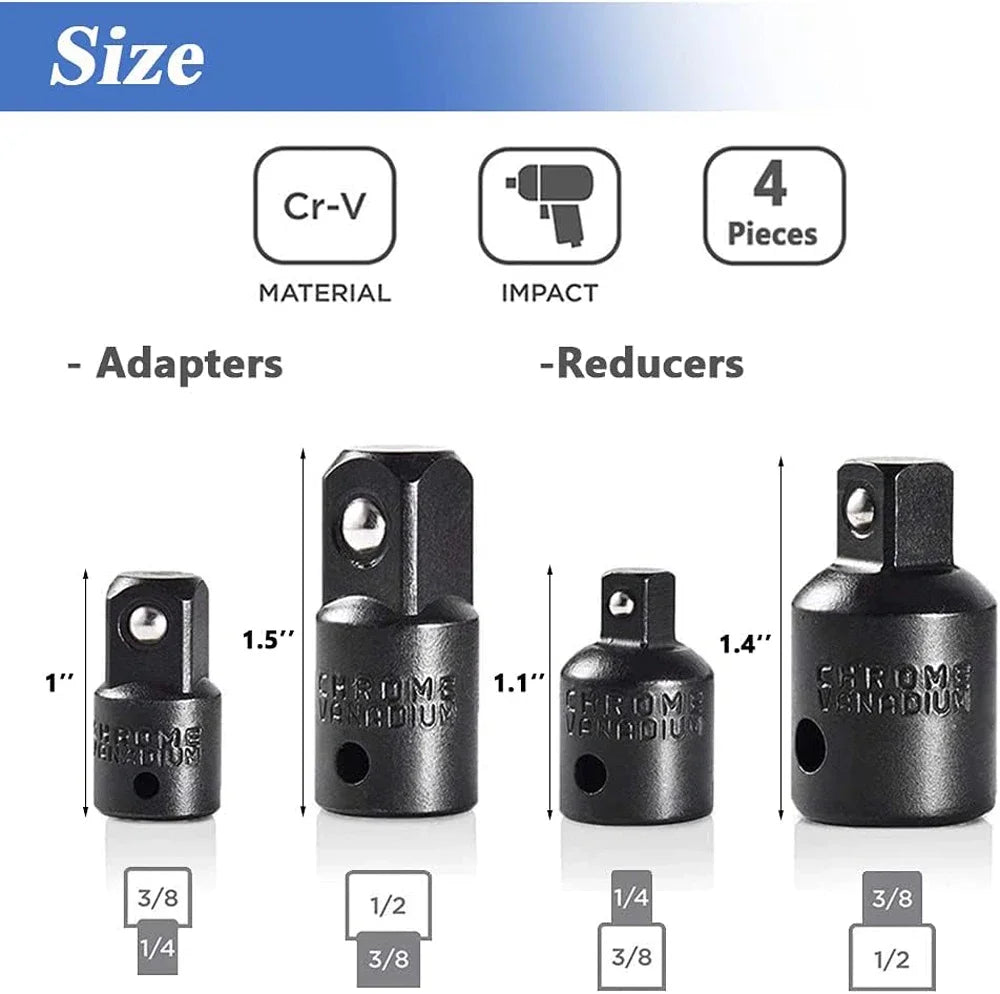 4pc Impact Socket Adapter & Reducer Set | 1/4", 3/8" & 1/2" Drive Conversions