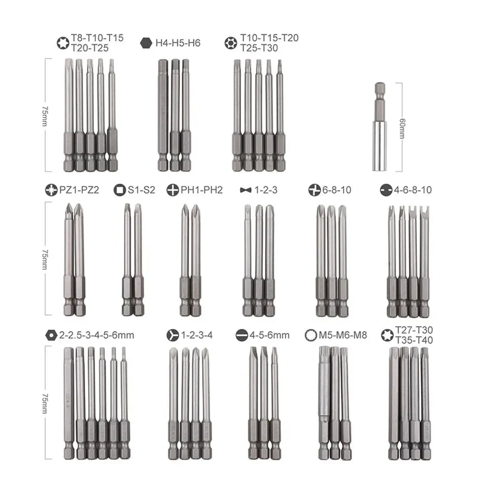 50pc 75mm Extra Long Screwdriver Bit Set – CR-V Torx, Hex, Phillips, Security Bits with Magnetic Holder & Case