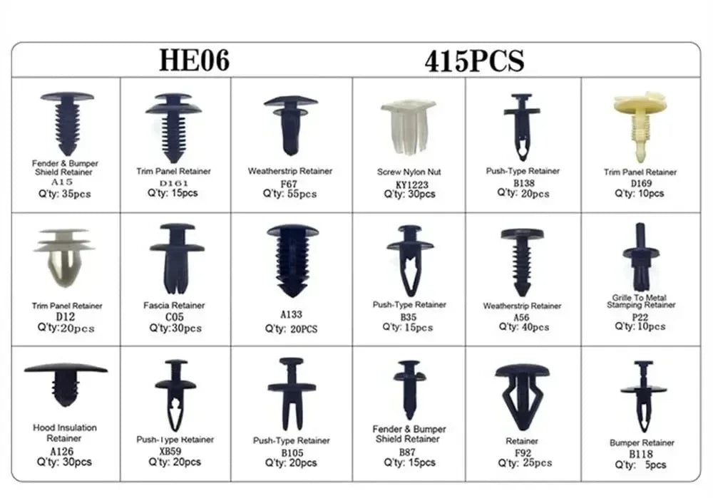 Car Fastener Clip Kit – Push Retainer Pins & Rivets (100 to 925 pcs)
