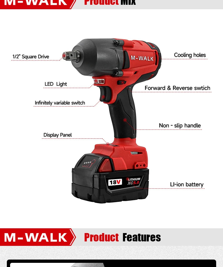 M-WALK 18V Brushless Cordless Impact Wrench – 1300Nm, 1/2" Drive, Milwaukee M18 Compatible (Tool Only)
