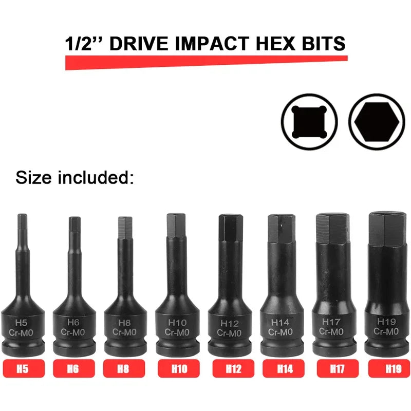 1/2" Drive Hex Impact Bit Socket Set | Cr-Mo Steel | 8pc (H5-H19) or 10pc (H5-H19) | Pneumatic & Battery Tools