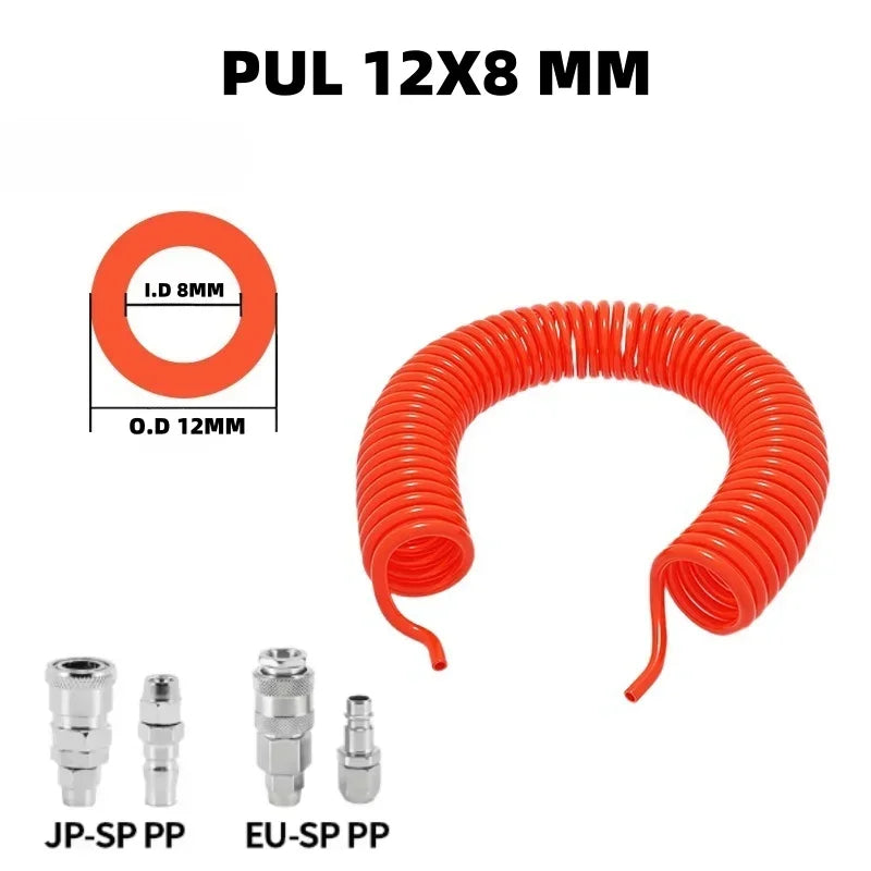 PU Spring Spiral Air Hose with Fittings – 6/9/12/15M Flexible Pneumatic Compressor Hose