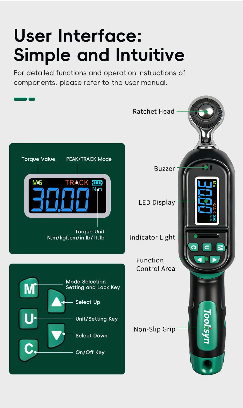 Toolisyn Digital Torque Wrench – 1/4", 3/8" & 1/2" Drive, ±2% Accuracy, 0.3–500N.m (DTW-1)